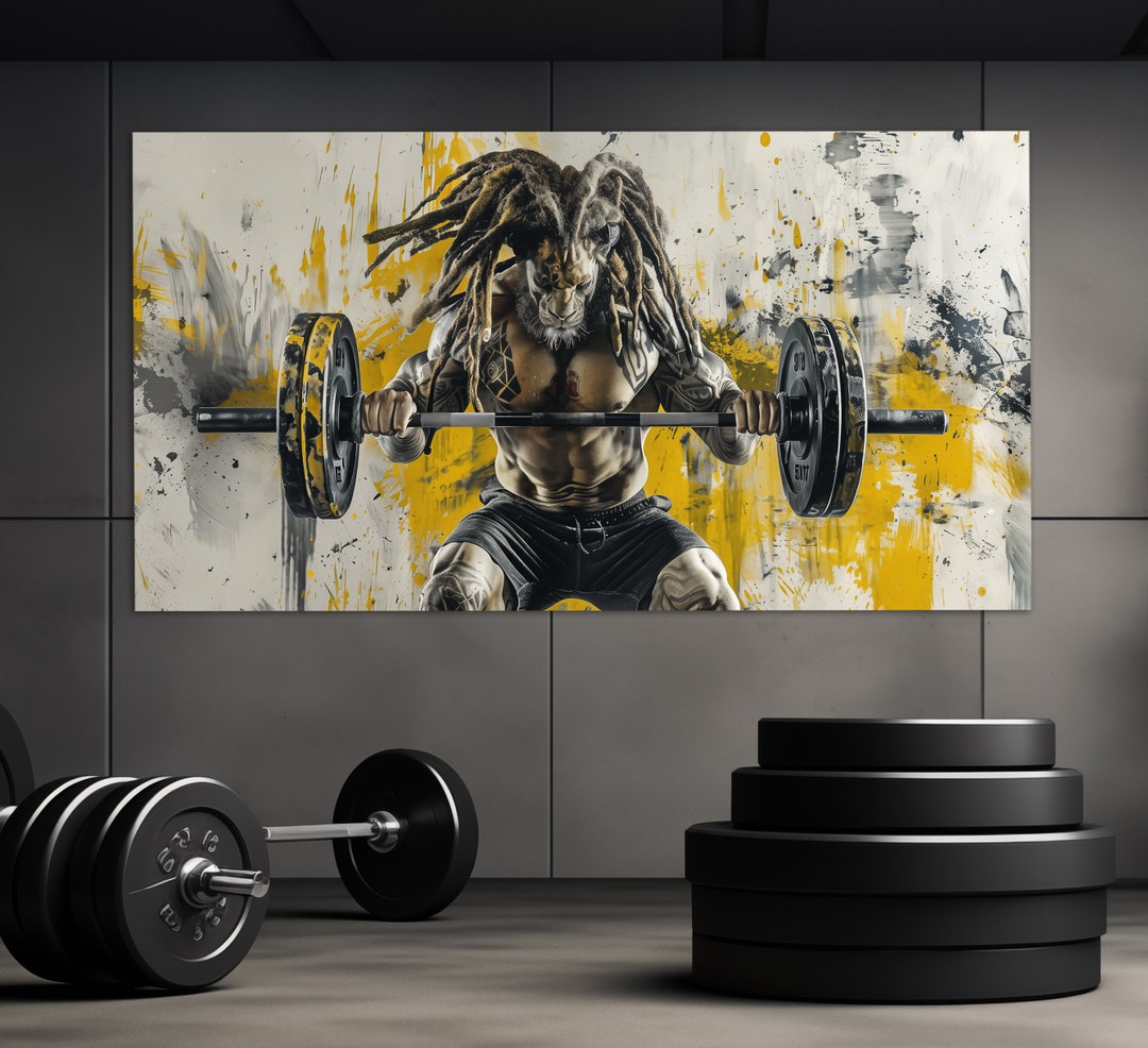 Abstract Gym Wall Decor, Lion Work Out Print, Lion With Barbell Canvas ...