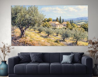 Lienzo impreso con diseño de olivar en Italia al estilo de una pintura al óleo vintage, arte mural de la Toscana, pintura de olivos, arte mural rústico italiano.