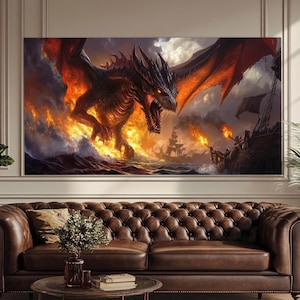 Fight with Dragon Canvas Print in a Vintage Oil Painting Style, Sea Fantasy Wall Art, Dragon Painting, Medieval Wall Art, Sea Battle Poster