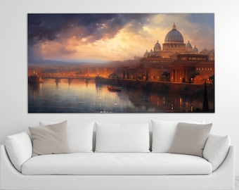 Night Rome Canvas Print, River Tiber, Vintage Rome Painting, Abstract Rome Wall Art, Rome Painting, Italian Wall Decor, Italy Canvas Print