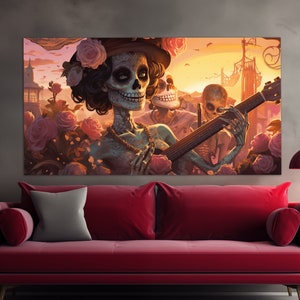 Day of the Dead Canvas Wall Art, Lady Skeleton with Guitar Canvas Print, Abstract Day of the Dead Painting, Mexican Wall Art