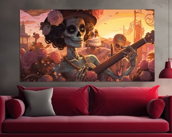 Arte mural en lienzo del Día de Muertos, Impresión en lienzo de una dama esquelética con guitarra, Pintura abstracta del Día de Muertos, Arte mural mexicano