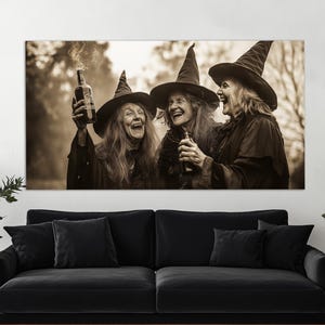 Old Witches with Alcohol Canvas Print, Retro Witch Photography, Dark Academia Painting, Witch Wall Art, Witches Painting, Gothic Witches