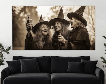 Old Witches with Alcohol Canvas Print, Retro Witch Photography, Dark Academia Painting, Witch Wall Art, Witches Painting, Gothic Witches