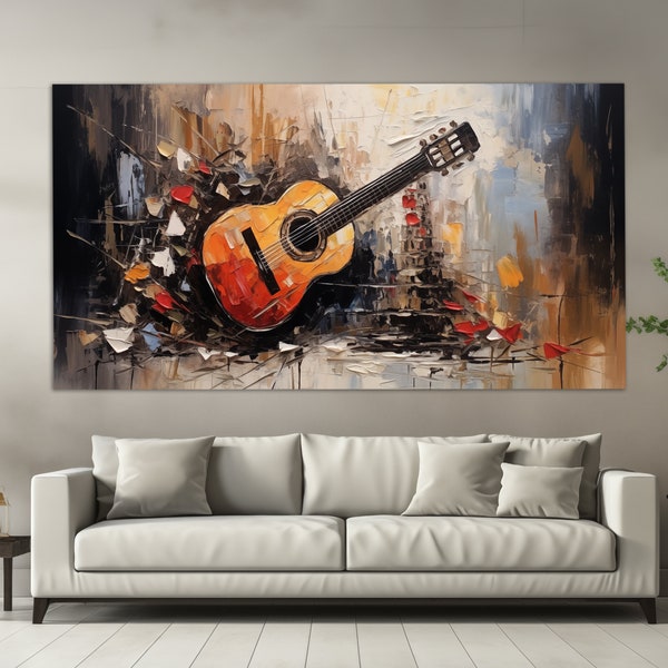 Abstract Guitar Canvas Print in Retro Oil Painting Style, Guitar Painting, Guitar Teacher Gift, Guitar Player Gift, Music School Decor