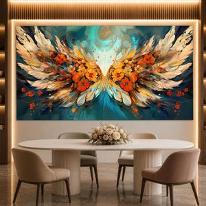 May include: A large rectangular wall art piece featuring an abstract painting of expansive wings composed of swirling brushstrokes in shades of teal, cream, and gold, accented with vibrant orange floral clusters throughout the wing structure.