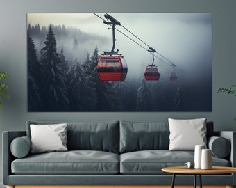 Impresión en lienzo de teleférico en un bosque neblinoso de invierno, arte mural de esquí, pintura de telesilla, póster de telesilla, decoración de pared de invierno, arte de deportes de invierno
