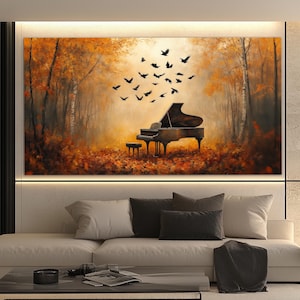 Impressão em tela de piano de cauda abstrato na floresta de outono, arte de parede musical, arte de parede de piano, presente de pianista, arte de parede musical, pôster de piano de cauda