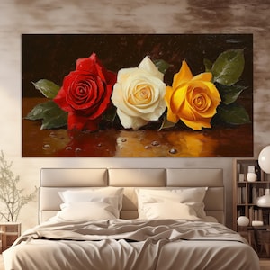 Red, White and Yellow Roses Canvas Print, Floral Wall Decor, Romantic Wall Art, Abstract Roses Painting, Romantic Gift, Roses Wall Art