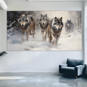 May include: A painting of a pack of gray wolves walking through a snowy forest. The wolves are in the foreground of the painting, and the forest is in the background. The painting is done in a realistic style.
