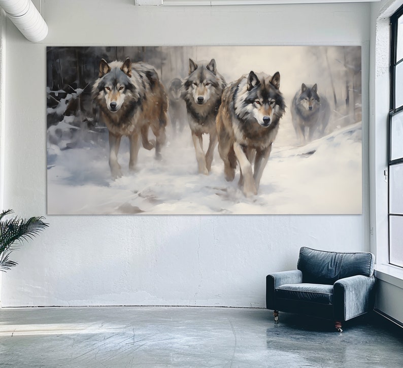May include: A painting of a pack of gray wolves walking through a snowy forest. The wolves are in the foreground of the painting, and the forest is in the background. The painting is done in a realistic style.