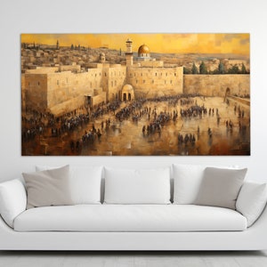 Impression sur toile de Jérusalem dans un style de peinture à l'huile vintage, peinture murale occidentale, tons doux, art mural de Jérusalem