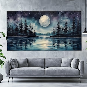 Full Moon over Lake Canvas Print, Scenic Night Forest Landscape Poster, Moon Wall Art, Night Lake Wall Art, Majestic Nature Canvas Art