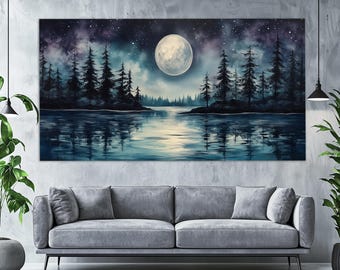 Full Moon over Lake Canvas Print, Scenic Night Forest Landscape Poster, Moon Wall Art, Night Lake Wall Art, Majestic Nature Canvas Art