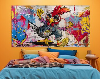 May include: A colorful graffiti-style artwork featuring a cartoon rooster wearing a denim jacket and sunglasses. The rooster is standing on a graffiti-covered wall with the words "Freedom. Pair." written on it.