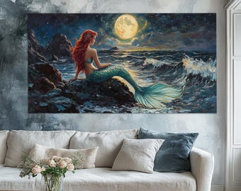 Redhead Mermaid by the Sea under the Full Moon Canvas Print, Mermaid Wall Art, Mermaid  Painting, Romantic Wall Decor, Mermaid Poster