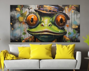 Leuke canvasafdruk kikker in olieverfstijl, kunst aan de muur kinderkamer, kikker schilderij, muur decor kinderkamer, poster grappige kikker, kikker print