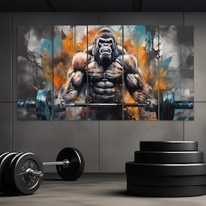 Decorazione murale astratta per palestra, stampa di gorilla in allenamento, stampa su tela di gorilla con bilanciere, arte murale per sollevamento pesi, dipinto di fitness, decorazione murale per palestra