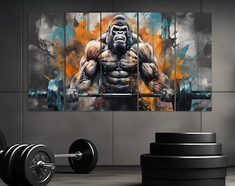 Abstract Gym Wall Decor, Gorilla Work Out Print, Gorilla with Barbell Canvas Print, Weightlifting Wall Art, Fitness Painting, Gym Wall Decor