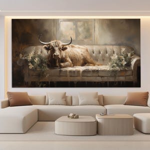 ソファの上の牛のキャンバスプリント、農家の壁飾り、牛の絵、牛の壁アート、かわいい牛の絵、牛のキャンバスプリント、農家の壁アート