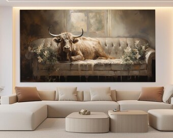 Cow on the Sofa Canvas Print, Farmhouse Wall Decor, Cow Painting, Cows Wall Art, Cute Cow Painting, Cow Canvas Print, Farm Wall Art