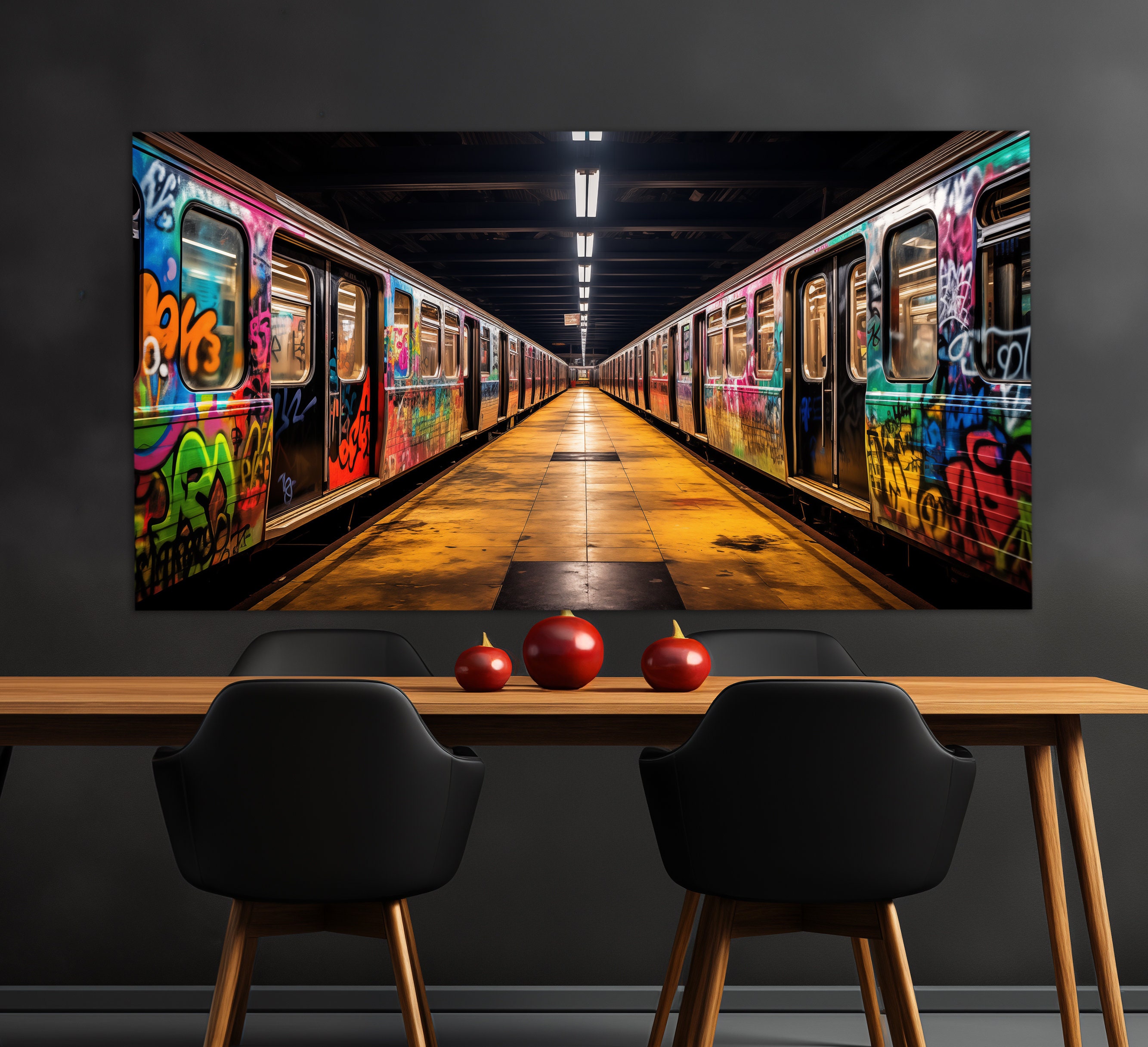 Metro Trains on Subway Station Painted With Graffiti Canvas Print ...