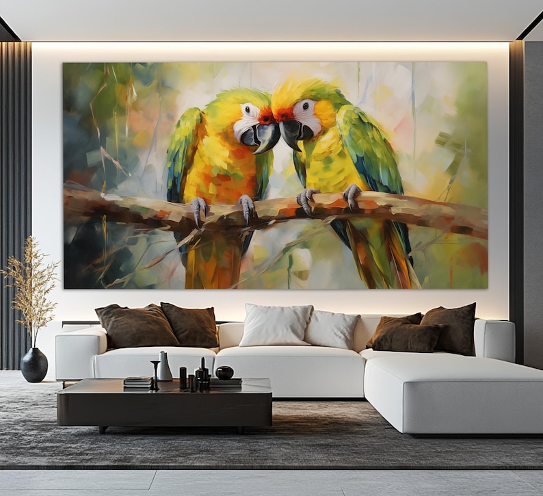 Parrots Couple Canvas Print in a Vintage Oil Painting Style, Romantic ...