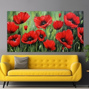 Abstrakte Mohnblumen Leinwanddruck in einem Vintage Ölgemälde Stil, Blumenwanddekor, Mohnblumen Wandkunst, Mohnblumen Feldmalerei, Mohnblumen Druck