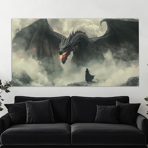 Großer Drache Leinwanddruck in einem Vintage Ölmalerei-Stil, Fantasy Wandkunst, Malerische Gothic Drachenmalerei, Mittelalterliche Wandkunst, Drachen Poster
