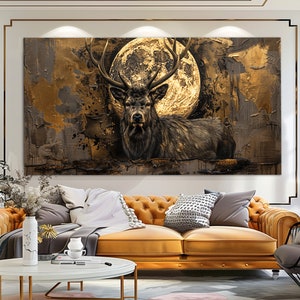 Stampa su tela di cervo astratto in stile pittura a olio vintage, dipinto mistico di cervo con luna piena, arte murale di animali, poster di cervo panoramico
