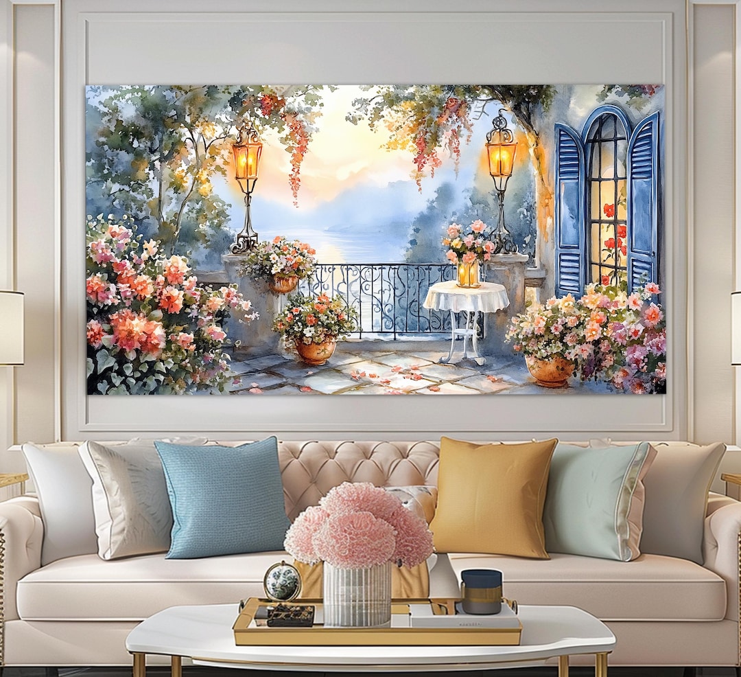 Scenic Lake Como Terrace Canvas Print in a Oil Painting Style, Italian ...