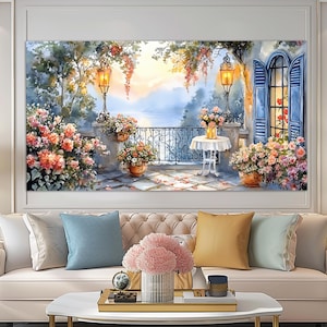 Scenic Lake Como Terrace Canvas Print in a Oil Painting Style, Italian Wall Decor, Lake Como Poster, Lake Como Wall Art, Lake Como Painting
