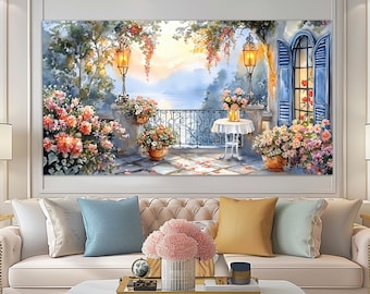 Scenic Lake Como Terrace Canvas Print in a Oil Painting Style, Italian Wall Decor, Lake Como Poster, Lake Como Wall Art, Lake Como Painting