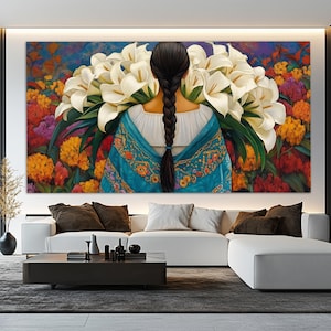 Impressão em tela de mulher mexicana com lírios, arte de parede floral colorida, linda garota com flores