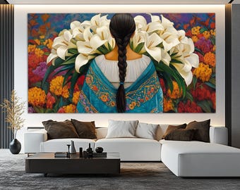 Mexican Woman with lilies Canvas Print, Colorful Floral Wall Art, Beautiful Girl with Flowers Painting Print