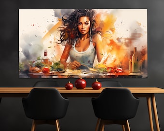 Abstract Cooking Wall Art, Woman Cook on the Kitchen Canvas Print, Kitchen Painting, Kitchen Wall Art, Restaurant Wall Decor