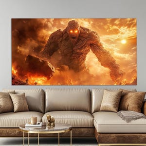 Fight with Cyclops Canvas Print in a Vintage Oil Painting Style, Fantasy Wall Art, Cyclops Painting, Monster Wall Art, Cyclops Poster