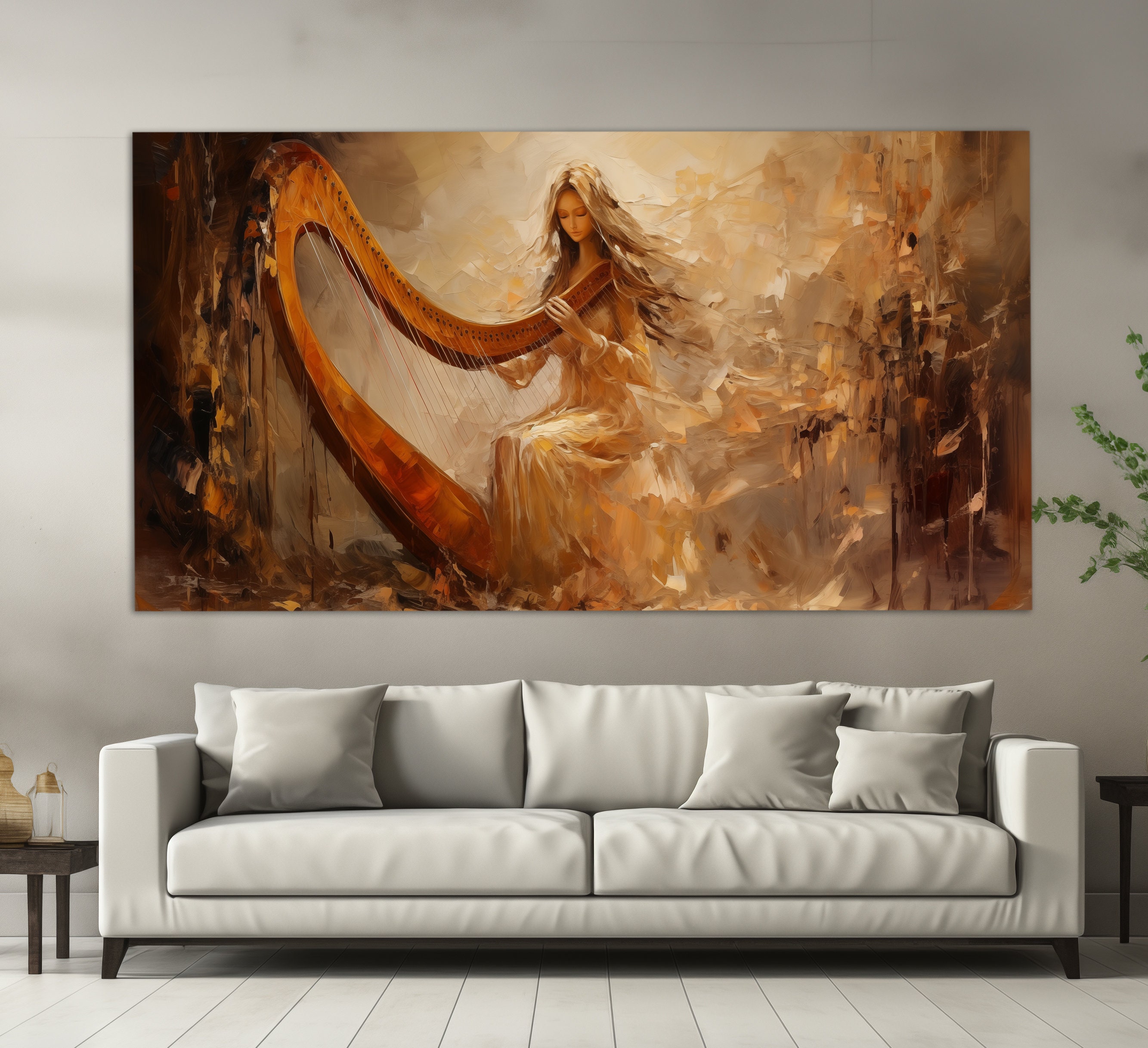 Abstract Harpist Girl Canvas Print in Retro Oil Painting Style