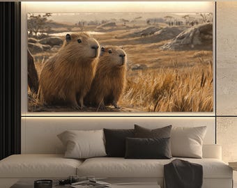 Cute Capybaras Couple Canvas Print, Capybaras Painting, Romantic Wall Art, Capybaras Wall Art, Romantic Gift, Bedroom Wall Decor