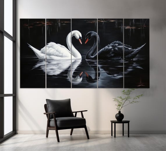 白と黒の白鳥のカップルのキャンバスプリント、ロマンチックな壁アート
