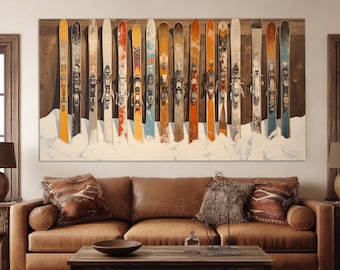 Arte de parede vintage com tema de esqui, impressão em tela de esqui, pintura abstrata de esqui, pôster de esqui, decoração de parede para estação de esqui, decoração de hotel de inverno, decoração para aluguel de esqui