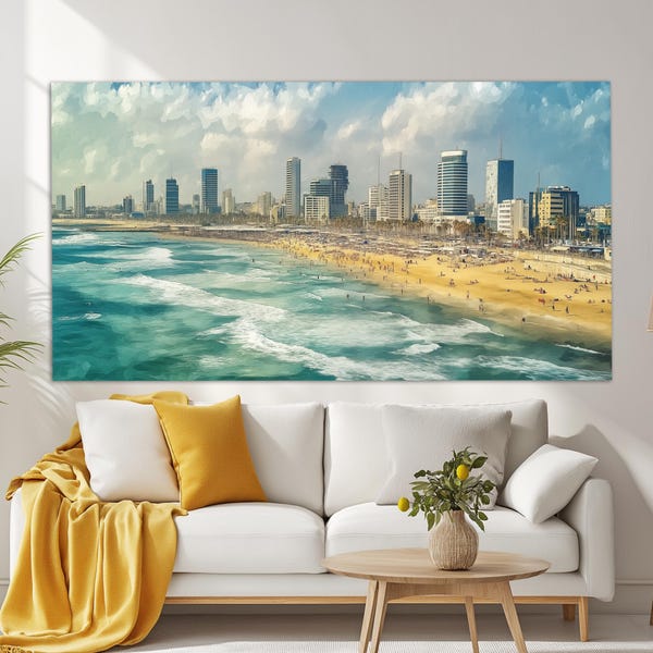 Tel Aviv Canvas Print in a Vintage Oil Painting Style, Abstract Tel Aviv Painting, Tel Aviv Wall Art, Tel Aviv Wall Decor, Israel Canvas Art