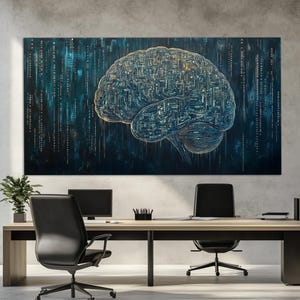 Op de afbeelding: Een digitale kunstprint van een menselijk brein in een blauw en gouden kleurenschema. De hersenen worden afgebeeld als een netwerk van circuits en lijnen, wat de complexiteit van de menselijke geest suggereert.