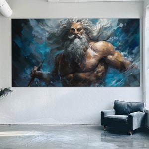 Poseidon Canvas Print in an Oil Painting Style, Ancient Greek Mythology Canvas Art, God the Sea, Storms, Earthquakes and Horses Painting