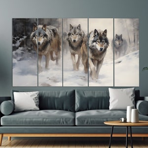 May include: A multi-panel canvas print featuring a group of four grey wolves walking through a snowy forest. The wolves are in the foreground of the image, with the forest behind them.