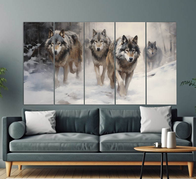 May include: A multi-panel canvas print featuring a group of four grey wolves walking through a snowy forest. The wolves are in the foreground of the image, with the forest behind them.