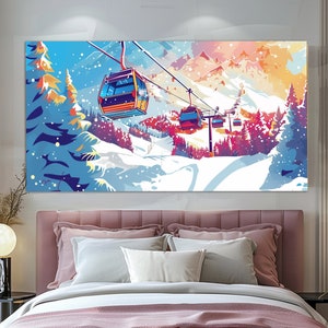 Impressão em tela abstrata de teleférico, arte de parede de esqui, pôster de teleférico, pôster de pop art de floresta de inverno, impressão de teleférico, decoração de resort de inverno