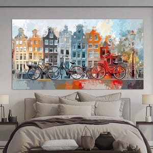 Bicycles in Amsterdam Abstract Canvas Print, Abstract Amsterdam Wall Art, Amsterdam Painting, Colorful Netherlands Wall Art