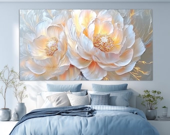 Zachte tinten pioenrozen canvasprint, bloemen muur decor, romantische kunst aan de muur, abstracte pioenrozen schilderij, romantisch cadeau, witte pioenrozen print