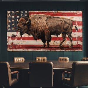 Bison on the US Flag Background Canvas Print, Western Wall Art, Bison Painting, Bison Poster, Bison Wall Art, Cowboy Gift, Texas Wall Decor